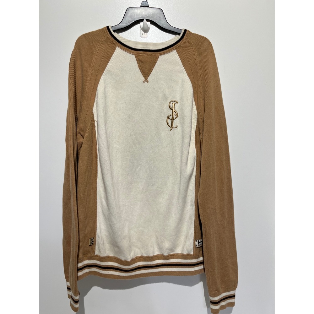 Sean John Mens XL Cotton Knit Raglan Sweater Tan Cream Color Block Pullover